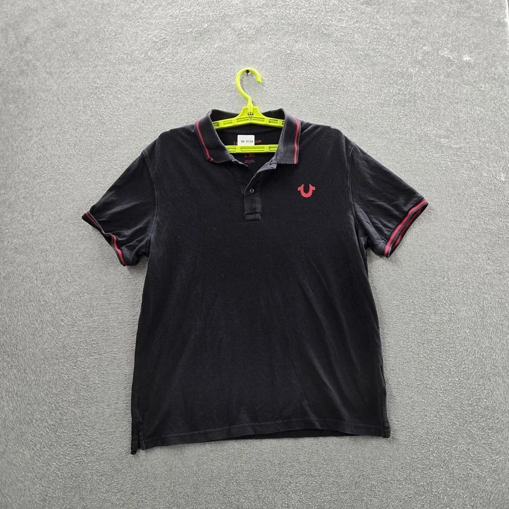 True Religion Men Polo L/G Black Graphic Logo Casual Button Short Sleeve
